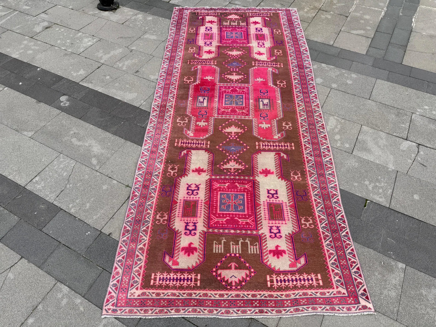 Vintage Turkish Accent Area rug 4.2 x 9.8 ft