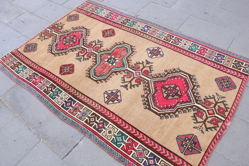 Vintage Turkish Accent Area rug 4.2 x 6.3 ft