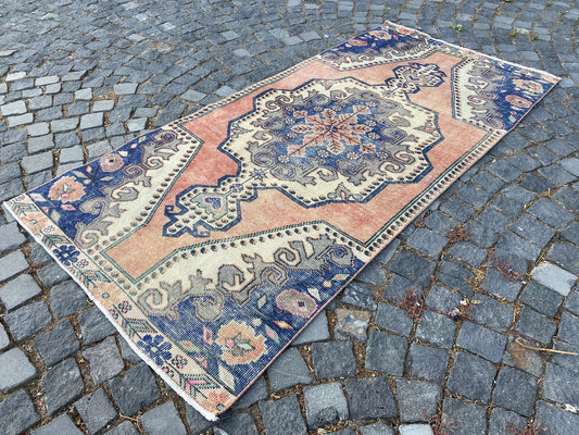Vintage Turkish Accent Area rug 3.7 x 7.3 ft