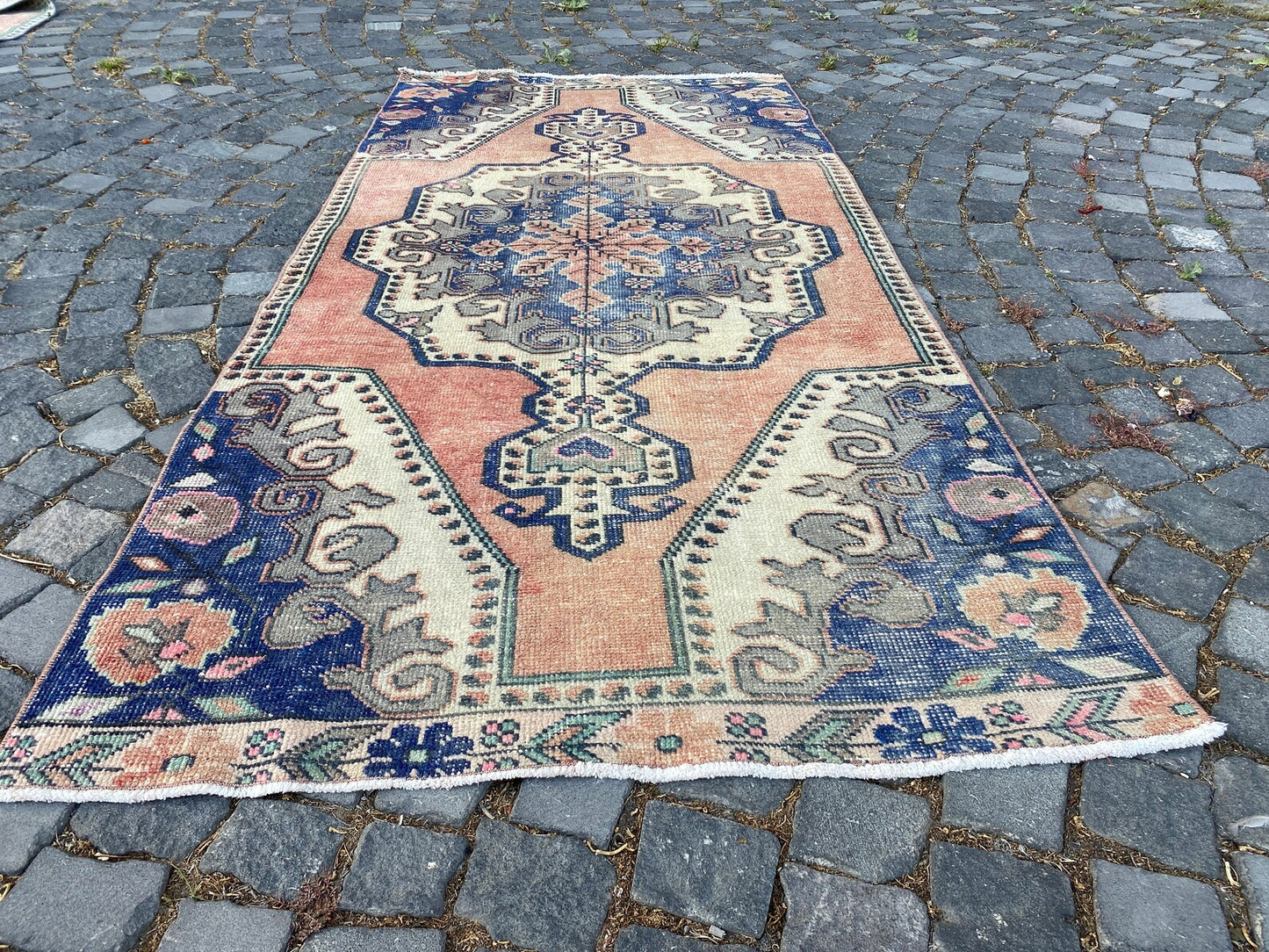 Vintage Turkish Accent Area rug 3.7 x 7.3 ft