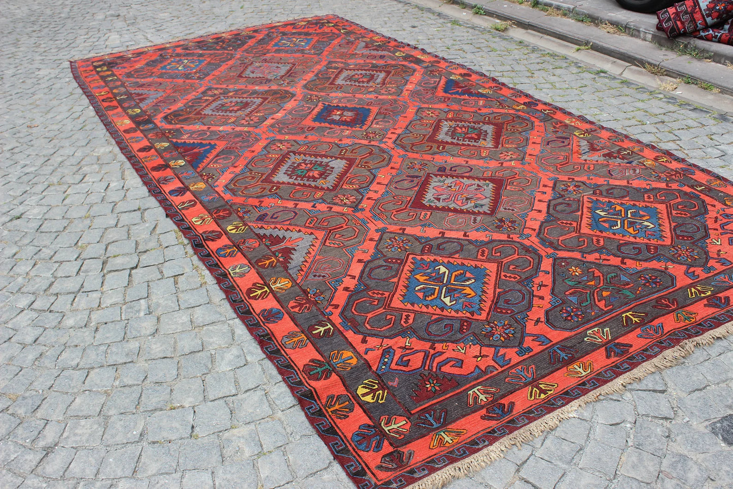 XL Vintage Soumak Accent Area Rug 6.9 x 14.1 ft