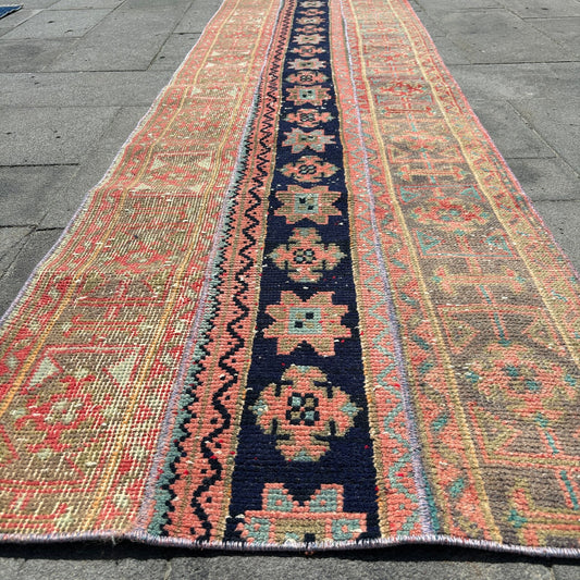 Vintage Turkish Runner Rug 2.4 X 8.9 ft