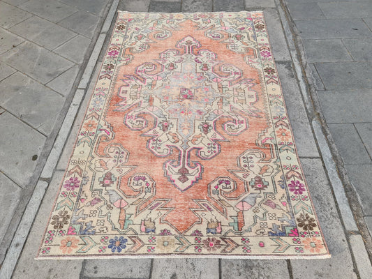 Vintage Turkish Accent Area rug 4.4 x 7.2 ft