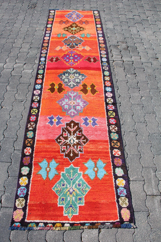 Vintage Turkish Runner Rug 2.6 x 9.6 ft