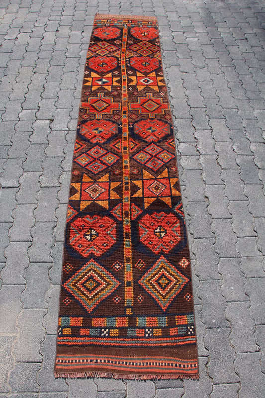 Vintage Turkish Runner Rug 1.8 x 9.7 ft